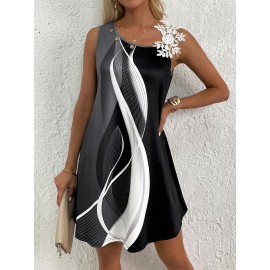 Geo Print Contrast Lace Dress, Casual Sleeveless Versatile Dress, Women's Clothing Geo Print Contrast Lace Dress, Casual Sleeveless Versatile Dress, Women's Clothing