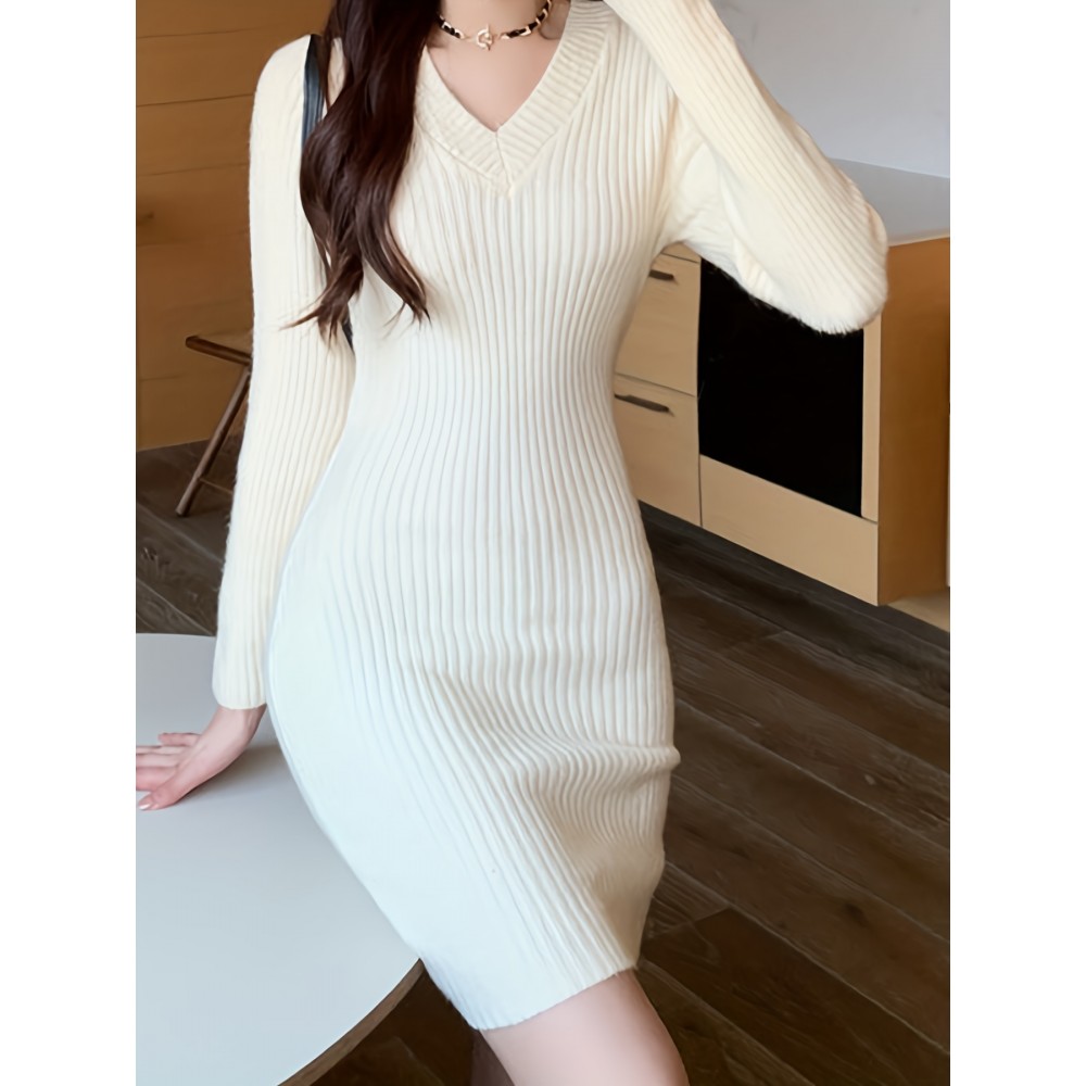 Solid Knit Sweater Dress, Elegant V Neck Long Sleeve Bodycon Dress For Fall & Winter, Women's Clothing Solid Knit Sweater Dress, Elegant V Neck Long Sleeve Bodycon Dress For Fall & Winter, Women's Clothing
