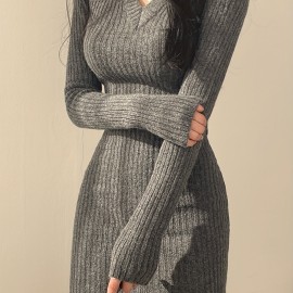 Solid Knit Sweater Dress, Elegant V Neck Long Sleeve Bodycon Dress For Fall & Winter, Women's Clothing Solid Knit Sweater Dress, Elegant V Neck Long Sleeve Bodycon Dress For Fall & Winter, Women's Clothing