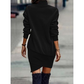 Solid Turtle Neck Dress, Elegant Long Sleeve Cross Hem Dress, Women's Clothing Solid Turtle Neck Dress, Elegant Long Sleeve Cross Hem Dress, Women's Clothing