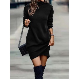 Solid Turtle Neck Dress, Elegant Long Sleeve Cross Hem Dress, Women's Clothing Solid Turtle Neck Dress, Elegant Long Sleeve Cross Hem Dress, Women's Clothing