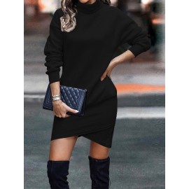Solid Turtle Neck Dress, Elegant Long Sleeve Cross Hem Dress, Women's Clothing Solid Turtle Neck Dress, Elegant Long Sleeve Cross Hem Dress, Women's Clothing
