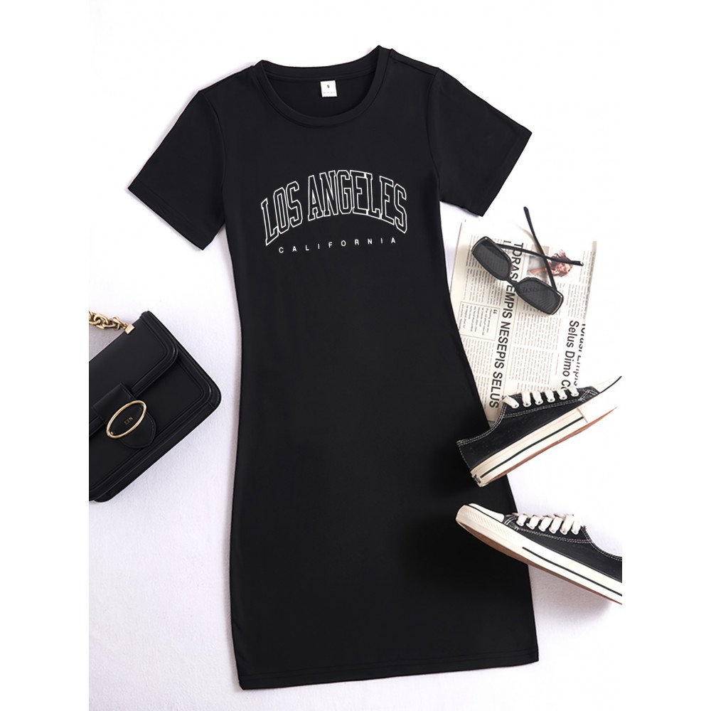 Letter Print Bodycon Tee Dress, Casual Crew Neck Short Sleeve Dress, Women's Clothing Letter Print Bodycon Tee Dress, Casual Crew Neck Short Sleeve Dress, Women's Clothing