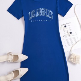 Letter Print Bodycon Tee Dress, Casual Crew Neck Short Sleeve Dress, Women's Clothing Letter Print Bodycon Tee Dress, Casual Crew Neck Short Sleeve Dress, Women's Clothing