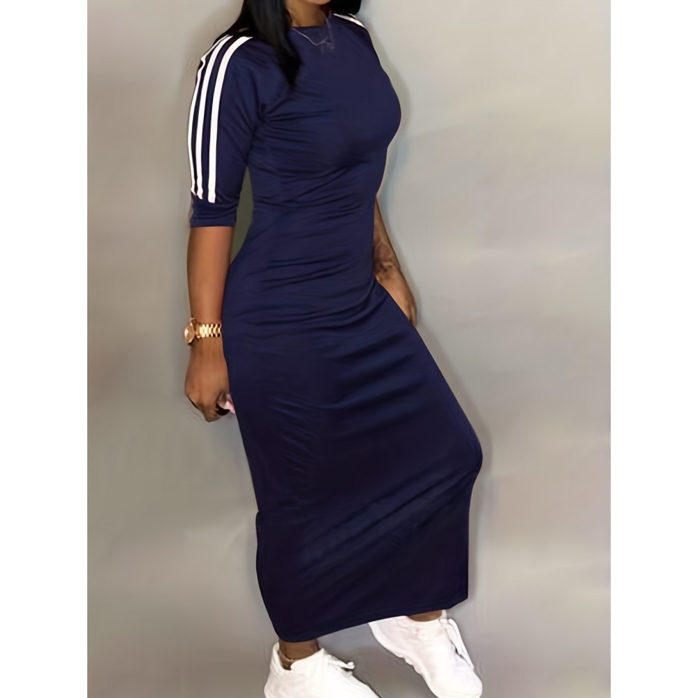 Striped Print Maxi Dress, Casual Crew Neck Dress For Spring & Summer, Women's Clothing Striped Print Maxi Dress, Casual Crew Neck Dress For Spring & Summer, Women's Clothing