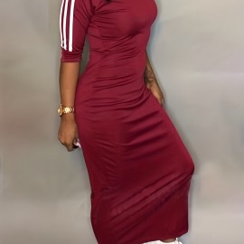 Striped Print Maxi Dress, Casual Crew Neck Dress For Spring & Summer, Women's Clothing Striped Print Maxi Dress, Casual Crew Neck Dress For Spring & Summer, Women's Clothing