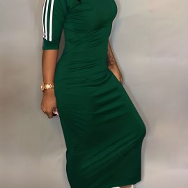 Striped Print Maxi Dress, Casual Crew Neck Dress For Spring & Summer, Women's Clothing Striped Print Maxi Dress, Casual Crew Neck Dress For Spring & Summer, Women's Clothing