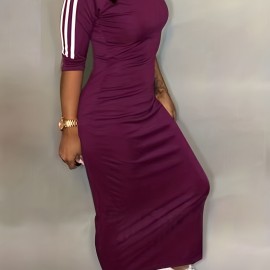 Striped Print Maxi Dress, Casual Crew Neck Dress For Spring & Summer, Women's Clothing Striped Print Maxi Dress, Casual Crew Neck Dress For Spring & Summer, Women's Clothing