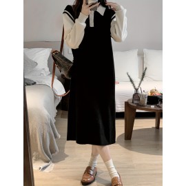 Solid Color Crew Neck Pullover Sweater, Casual Loose Long Sleeve Knitted Crop Sweater For Fall & Winter, Women's Clothing Solid Color Crew Neck Pullover Sweater, Casual Loose Long Sleeve Knitted Crop Sweater For Fall & Winter, Women's Clothing