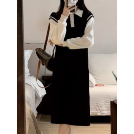 Solid Color Crew Neck Pullover Sweater, Casual Loose Long Sleeve Knitted Crop Sweater For Fall & Winter, Women's Clothing Solid Color Crew Neck Pullover Sweater, Casual Loose Long Sleeve Knitted Crop Sweater For Fall & Winter, Women's Clothing