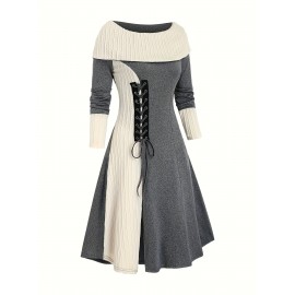 Color Block Lace Up Dress, Casual Long Sleeve Boat Neck Knit Dress For Fall & Winter, Women's Clothing Color Block Lace Up Dress, Casual Long Sleeve Boat Neck Knit Dress For Fall & Winter, Women's Clothing