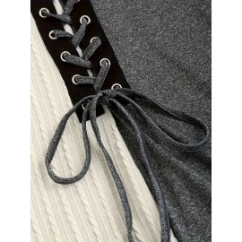 Color Block Lace Up Dress, Casual Long Sleeve Boat Neck Knit Dress For Fall & Winter, Women's Clothing Color Block Lace Up Dress, Casual Long Sleeve Boat Neck Knit Dress For Fall & Winter, Women's Clothing