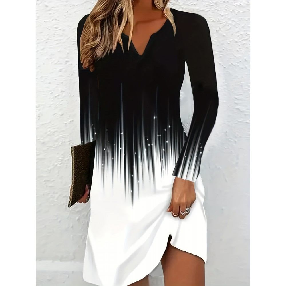 Color Block Notched Neck Dress, Vintage Long Sleeve Mini Dress, Women's Clothing Color Block Notched Neck Dress, Vintage Long Sleeve Mini Dress, Women's Clothing