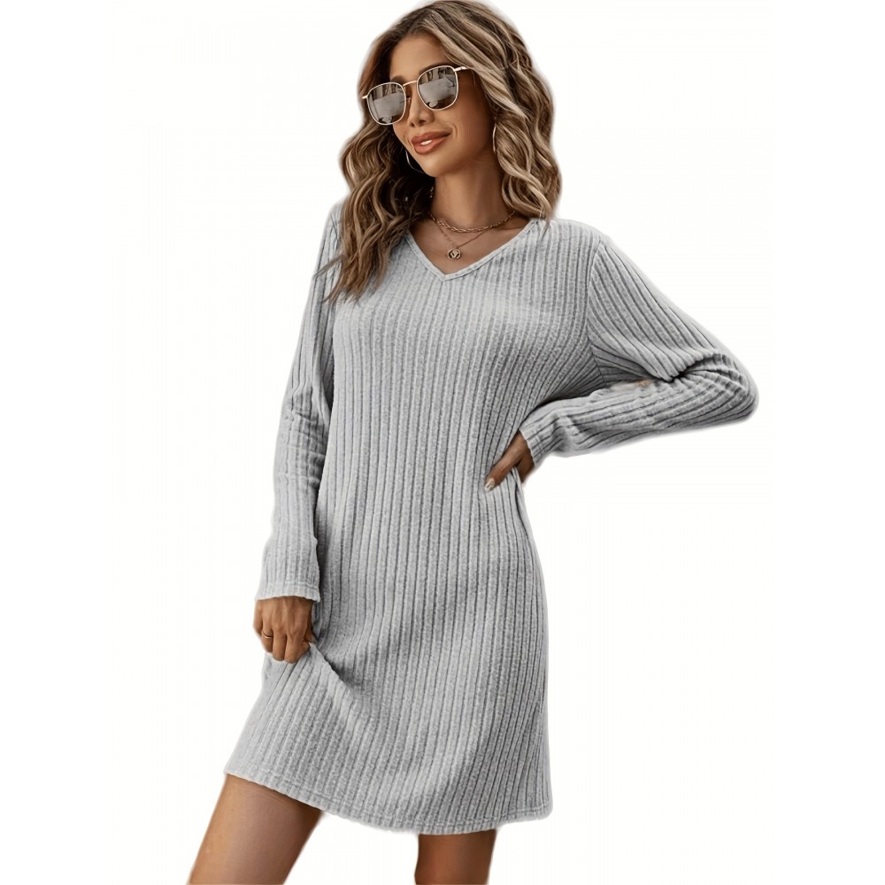 Solid V Neck Dress, Casual Long Sleeve Dress For Spring & Fall, Women's Clothing Solid V Neck Dress, Casual Long Sleeve Dress For Spring & Fall, Women's Clothing