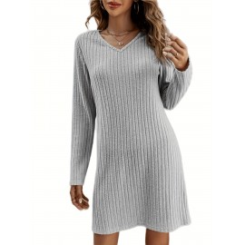 Solid V Neck Dress, Casual Long Sleeve Dress For Spring & Fall, Women's Clothing Solid V Neck Dress, Casual Long Sleeve Dress For Spring & Fall, Women's Clothing