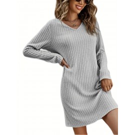 Solid V Neck Dress, Casual Long Sleeve Dress For Spring & Fall, Women's Clothing Solid V Neck Dress, Casual Long Sleeve Dress For Spring & Fall, Women's Clothing