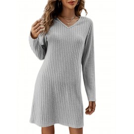 Solid V Neck Dress, Casual Long Sleeve Dress For Spring & Fall, Women's Clothing Solid V Neck Dress, Casual Long Sleeve Dress For Spring & Fall, Women's Clothing
