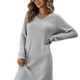 Solid V Neck Dress, Casual Long Sleeve Dress For Spring & Fall, Women's Clothing Solid V Neck Dress, Casual Long Sleeve Dress For Spring & Fall, Women's Clothing