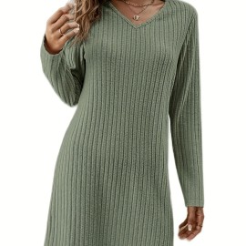 Solid V Neck Dress, Casual Long Sleeve Dress For Spring & Fall, Women's Clothing Solid V Neck Dress, Casual Long Sleeve Dress For Spring & Fall, Women's Clothing