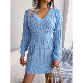 Cable Knit Sweater Dress, Casual V Neck Long Sleeve Bag Hip Dress, Women's Clothing Cable Knit Sweater Dress, Casual V Neck Long Sleeve Bag Hip Dress, Women's Clothing