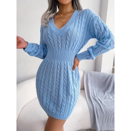 Cable Knit Sweater Dress, Casual V Neck Long Sleeve Bag Hip Dress, Women's Clothing Cable Knit Sweater Dress, Casual V Neck Long Sleeve Bag Hip Dress, Women's Clothing