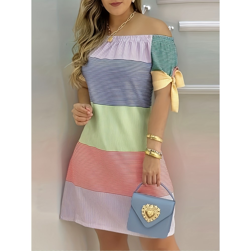 Color Block Striped Print Off-shoulder Dress, Casual Knot Sleeve Dress For Spring & Summer, Women's Clothing Color Block Striped Print Off-shoulder Dress, Casual Knot Sleeve Dress For Spring & Summer, Women's Clothing