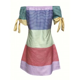 Color Block Striped Print Off-shoulder Dress, Casual Knot Sleeve Dress For Spring & Summer, Women's Clothing Color Block Striped Print Off-shoulder Dress, Casual Knot Sleeve Dress For Spring & Summer, Women's Clothing