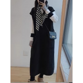 Button Decor Sleeveless Knit Dress, Casual V Neck Dual Pocket Vest Dress For Fall & Winter, Women's Clothing Button Decor Sleeveless Knit Dress, Casual V Neck Dual Pocket Vest Dress For Fall & Winter, Women's Clothing