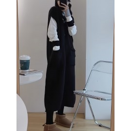 Button Decor Sleeveless Knit Dress, Casual V Neck Dual Pocket Vest Dress For Fall & Winter, Women's Clothing Button Decor Sleeveless Knit Dress, Casual V Neck Dual Pocket Vest Dress For Fall & Winter, Women's Clothing