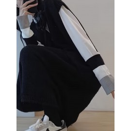 Button Decor Sleeveless Knit Dress, Casual V Neck Dual Pocket Vest Dress For Fall & Winter, Women's Clothing Button Decor Sleeveless Knit Dress, Casual V Neck Dual Pocket Vest Dress For Fall & Winter, Women's Clothing