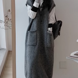 Button Decor Sleeveless Knit Dress, Casual V Neck Dual Pocket Vest Dress For Fall & Winter, Women's Clothing Button Decor Sleeveless Knit Dress, Casual V Neck Dual Pocket Vest Dress For Fall & Winter, Women's Clothing