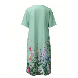 Floral Print Pleated Front Dress, Casual Short Sleeve Dual Pockets Dress, Women's Clothing Floral Print Pleated Front Dress, Casual Short Sleeve Dual Pockets Dress, Women's Clothing