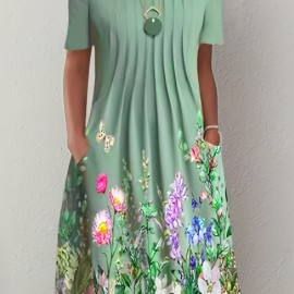 Floral Print Pleated Front Dress, Casual Short Sleeve Dual Pockets Dress, Women's Clothing Floral Print Pleated Front Dress, Casual Short Sleeve Dual Pockets Dress, Women's Clothing