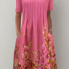 Floral Print Pleated Front Dress, Casual Short Sleeve Dual Pockets Dress, Women's Clothing Floral Print Pleated Front Dress, Casual Short Sleeve Dual Pockets Dress, Women's Clothing