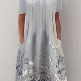 Floral Print Pleated Front Dress, Casual Short Sleeve Dual Pockets Dress, Women's Clothing Floral Print Pleated Front Dress, Casual Short Sleeve Dual Pockets Dress, Women's Clothing
