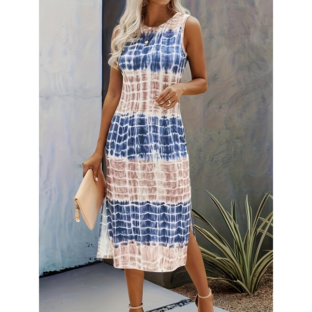 Color Block Tie Dye Dress, Casual Crew Neck Split Sleeveless Dress, Women's Clothing Color Block Tie Dye Dress, Casual Crew Neck Split Sleeveless Dress, Women's Clothing