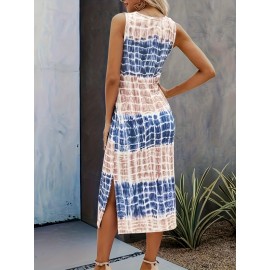 Color Block Tie Dye Dress, Casual Crew Neck Split Sleeveless Dress, Women's Clothing Color Block Tie Dye Dress, Casual Crew Neck Split Sleeveless Dress, Women's Clothing