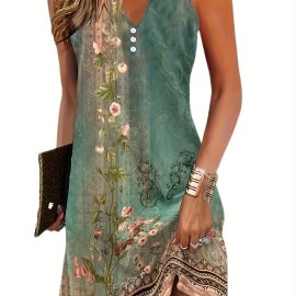 Floral Print Notched Neck Dress, Casual Sleeveless Button Decor Dress, Women's Clothing Floral Print Notched Neck Dress, Casual Sleeveless Button Decor Dress, Women's Clothing