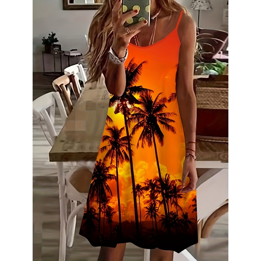 Coconut Tree Print Cami Dress, Vacation Sleeveless Comfy Dress, Women's Clothing Coconut Tree Print Cami Dress, Vacation Sleeveless Comfy Dress, Women's Clothing