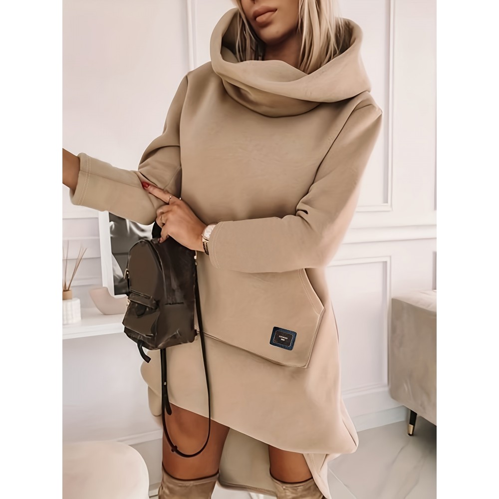 Hooded Solid Sweatshirt Dress, Casual Long Sleeve Kangaroo Pocket Midi Dress, Women's Clothing Hooded Solid Sweatshirt Dress, Casual Long Sleeve Kangaroo Pocket Midi Dress, Women's Clothing