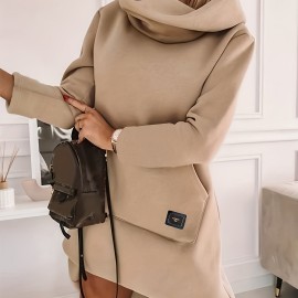 Hooded Solid Sweatshirt Dress, Casual Long Sleeve Kangaroo Pocket Midi Dress, Women's Clothing Hooded Solid Sweatshirt Dress, Casual Long Sleeve Kangaroo Pocket Midi Dress, Women's Clothing