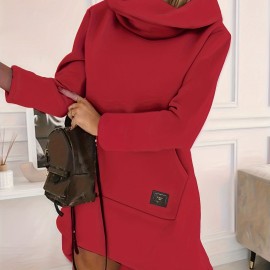 Hooded Solid Sweatshirt Dress, Casual Long Sleeve Kangaroo Pocket Midi Dress, Women's Clothing Hooded Solid Sweatshirt Dress, Casual Long Sleeve Kangaroo Pocket Midi Dress, Women's Clothing